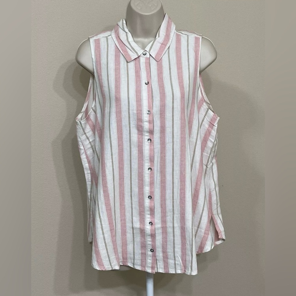 Splendid Women’s Pink Striped Sleeveless Soft Button Up Collared Linen Shirt L - Picture 1 of 9